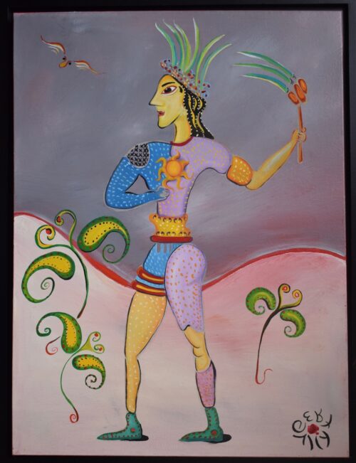 Johnson City, Ridiculous Man , 2023 oil/c, 24x18, Minoan, 1'st western culture, Prince with crown of feathers, Man's arrogance that he is separate from nature and can control it.